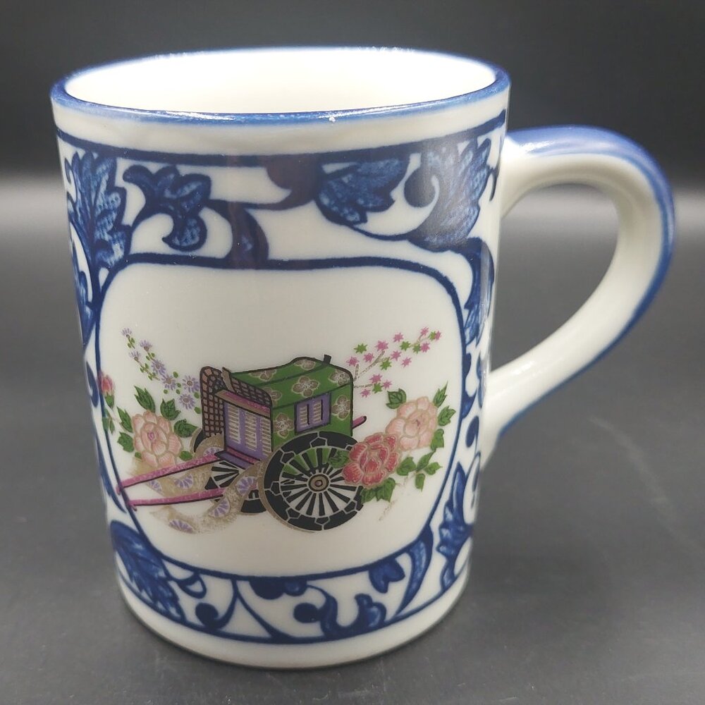 Vintage Imari Porcelain Mug Blue White Rickshaw Wagon Floral Flowers Japan EUC
